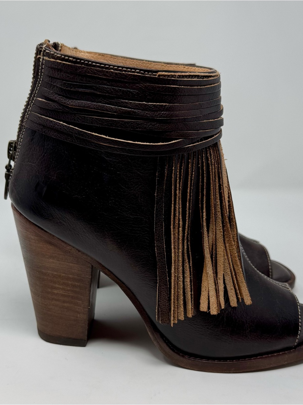 Bed Stu | Dark Brown Leather Fringe Peep-Toe Booties, Size 9 - EUC - Picture 3 of 8